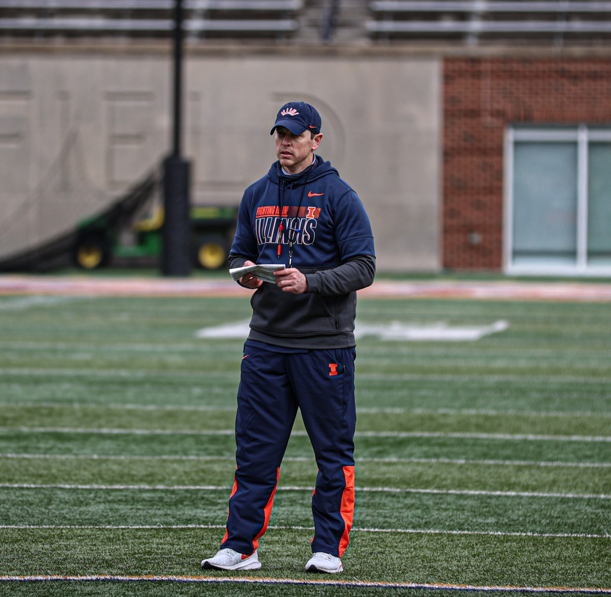Illinois outside linebacker coach Kevin Kane directing drills during the Illini's second spring practice on Thursday, March 25, 2021. Kane was hired in January to Bret Bielema's first coaching staff at Illinois. 
